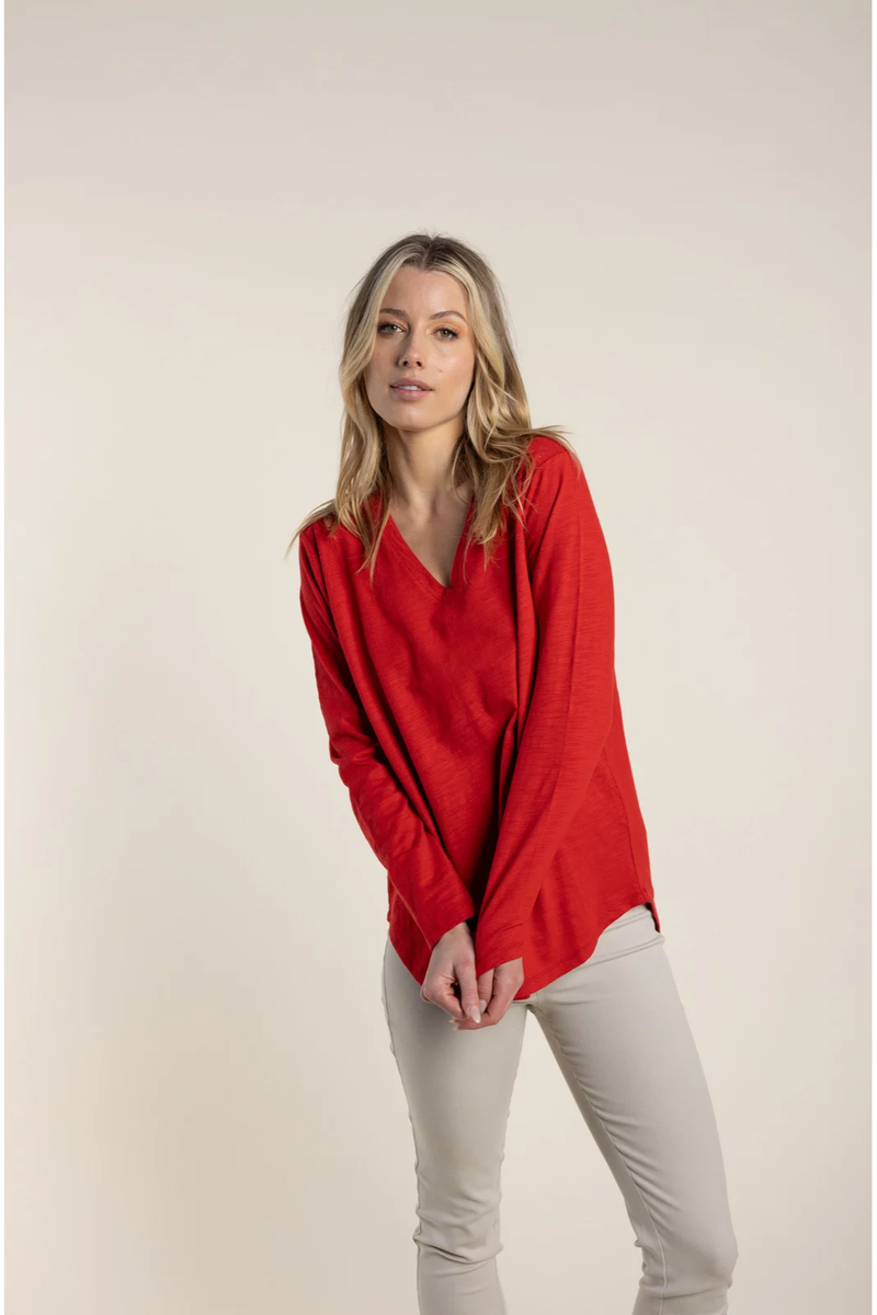 Two-T's Long Sleeve V Neck Tee in Red