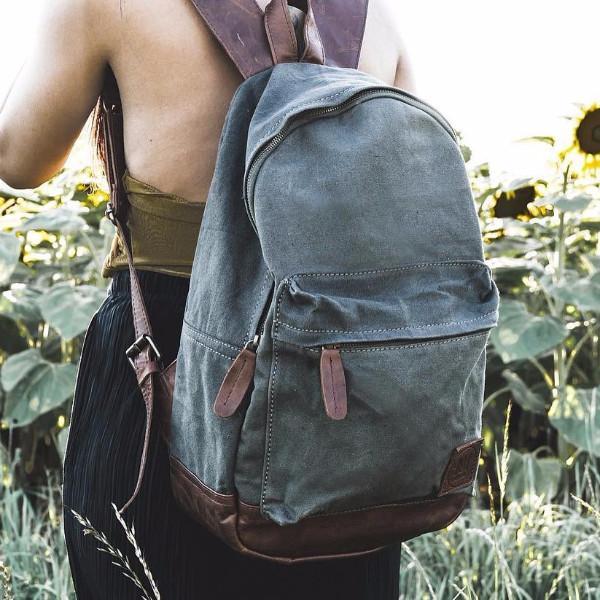 Grey Canvas & Black Leather Backpack For Professionals