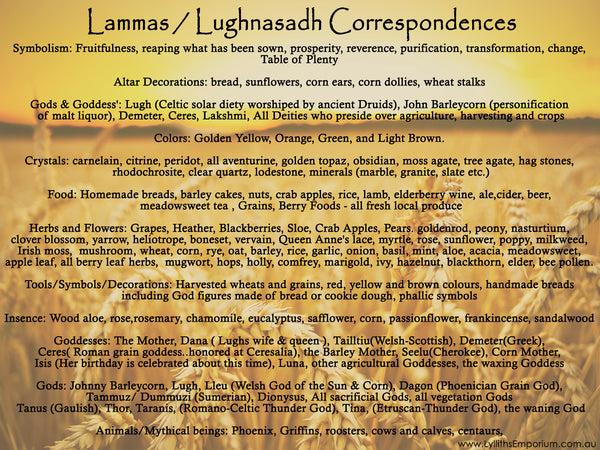 Lammas Correspondences - Southern Hemisphere Pagans Witchcraft Lylliths Emporium Australia