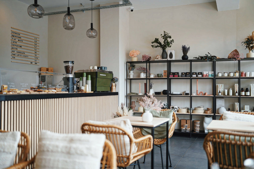 Blwm Home interior with stocked shelves, rattan chairs, signboard and a custom green La Marzocco machine. 