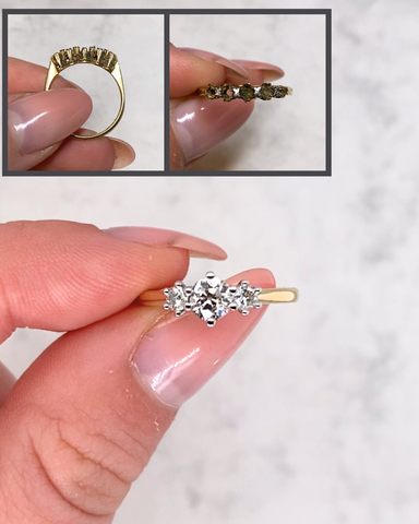 Three stone yellow gold engagement ring, held. Created using heirloom diamonds - old ring shown above without any diamonds 