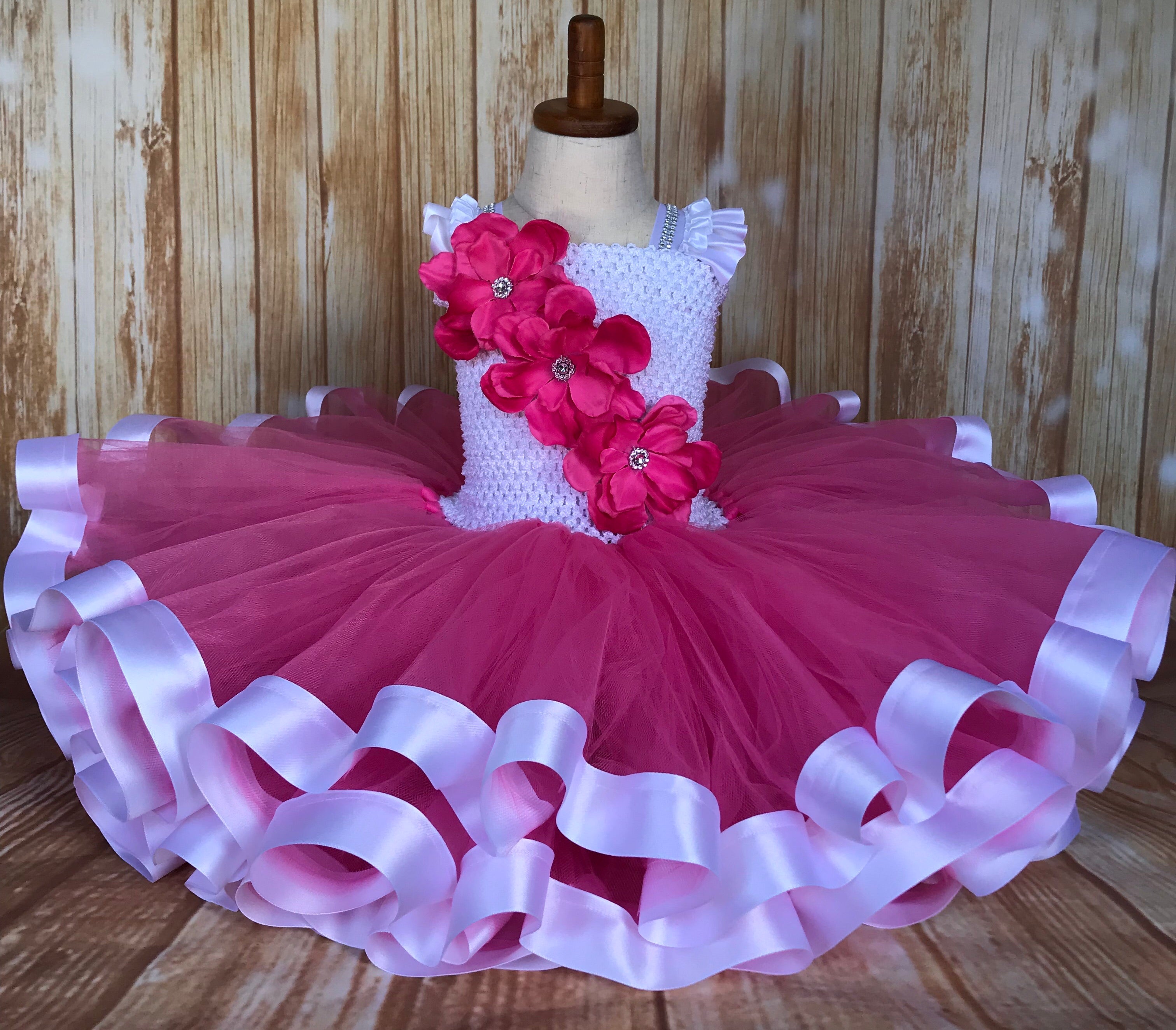 White Ribbon Trim Tutu, Pink Tutu Dress 