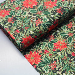 Christmas fabric green poinsettia print