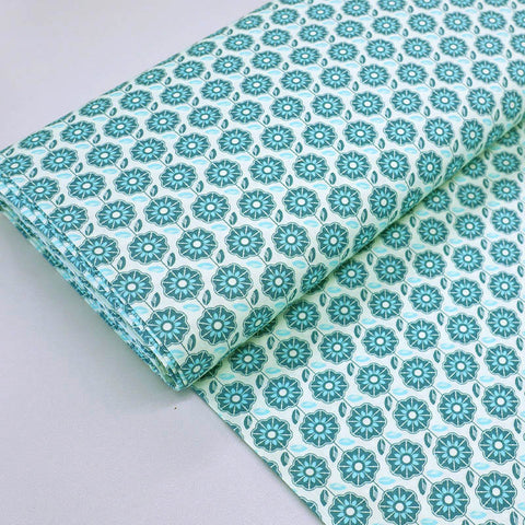 100% Cotton Poplin Fabric - Green Floral Geometric