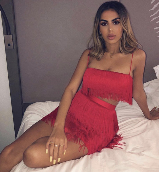 red fringe two piece set