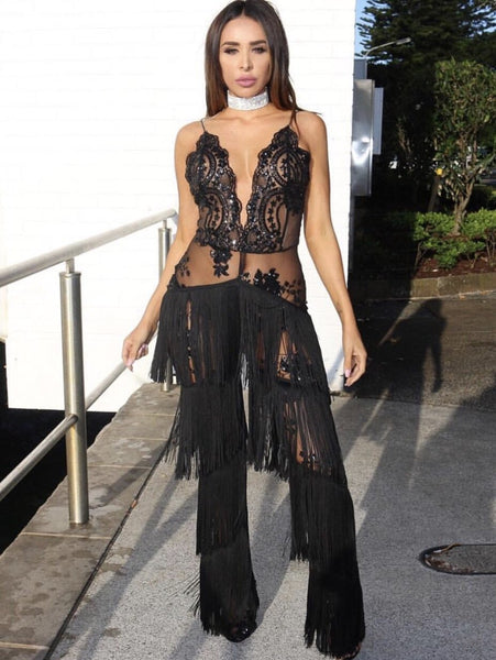 fringe sequin jumpsuit