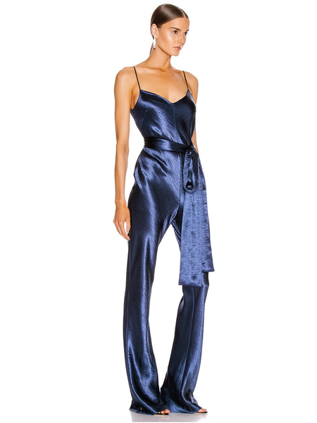 blue satin jumpsuit