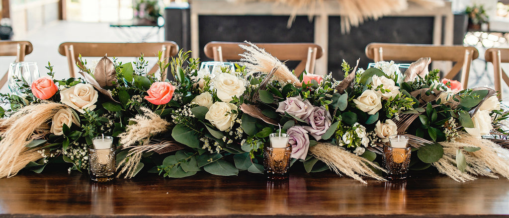 Garden Roses, Pampas Grass, and Eucalyptus Centerpiece