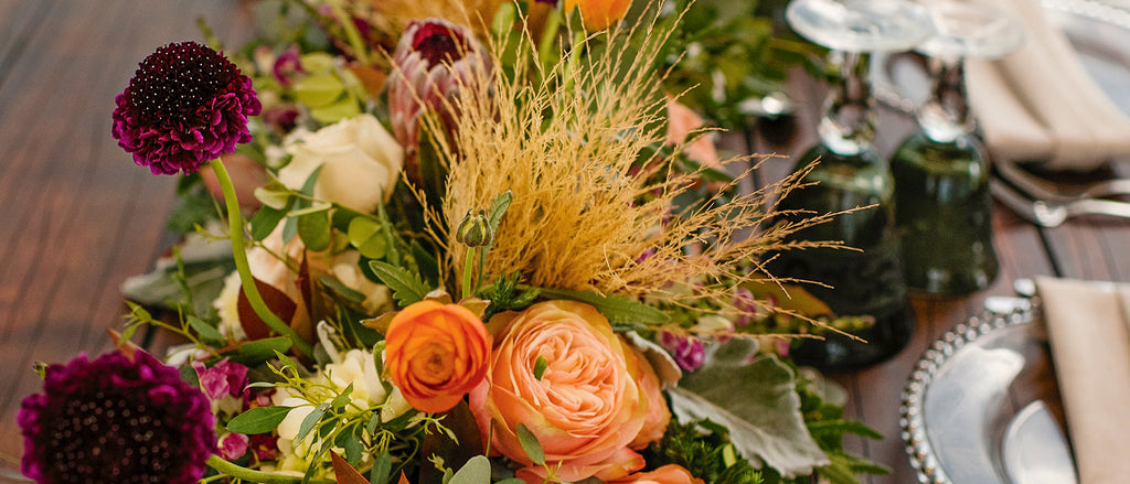 Scabiosas, Ranunculus, and Garden Roses Floral arrangement