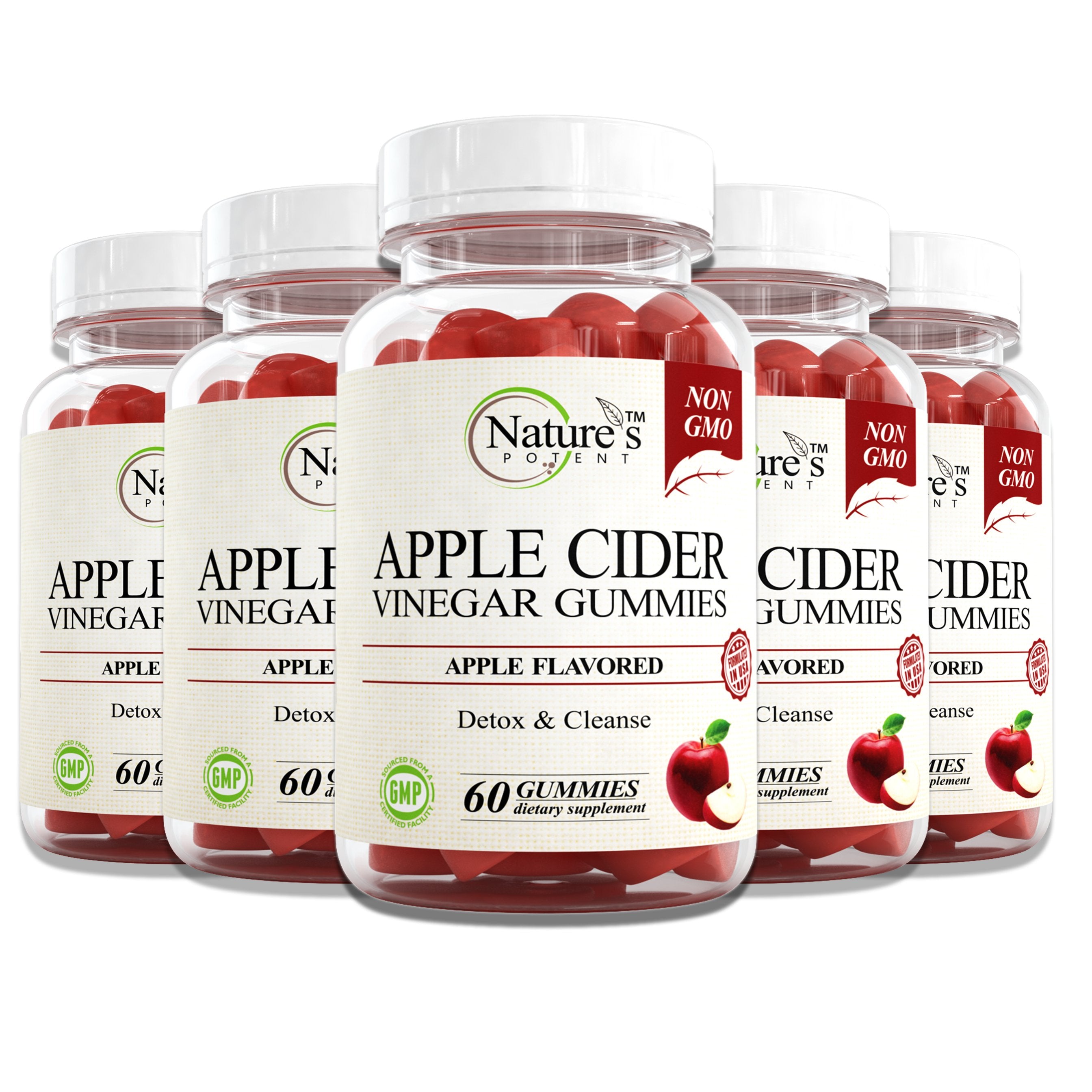 5 X Bottles of Apple Cider Vinegar Gummies (60 Gummies) Nature's Potent