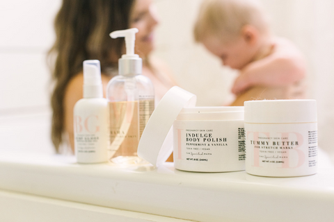 ic:mom and baby in bath with Spoiled Mama products