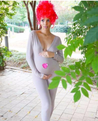 ic:pregnant woman halloween costume dressed up as a troll doll