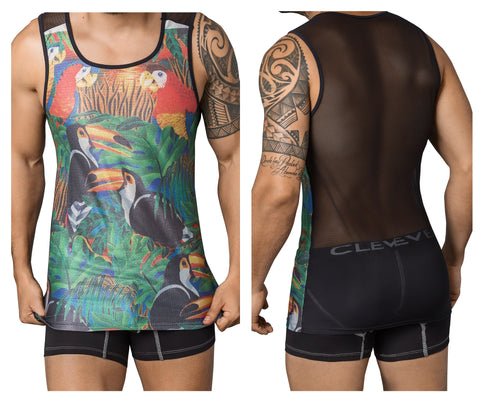 CLEVER TOUCAN TANK TOP COLOR BLACK The Clever 7028 Toucan Tank Top has a bird printed fabric with toucans and parrots in the front and transparent fabric in the back. You'll love this comfy men's muscle shirt for a variety of occasions, from pairing with jeans for hot summer days to wearing when battling it out on the court or the gym. it's made from super soft microfiber fabric that feels silky against your skin, so you can enjoy pure luxury anywhere you wear it. Hand made in Colombia - South America with USA and Colombian fabrics. Please refer to size chart to ensure you choose the correct size. Composition: 91% Polyester 9% Elastane. Super stretch microfiber fabric forms sleek, body-defining fit. Features a birds printed fabric. Show off your muscles. Wash Separately, Drip Dry, do not Bleach.