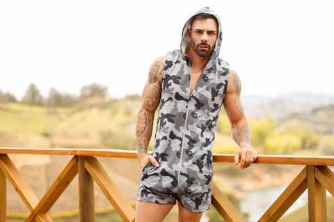 Keep Your Head Covered While You Show Off Those Arms You've Been Pumping Up In The Gym! DownUnder Apparel carries stylish and sporty hoodies and rompers for men of all shapes and sizes!