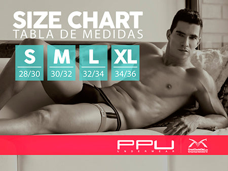 PPU Size Chart PPU Men's Underwear takes your underwear over the Top! With a unique collection of jockstraps, thongs, boxer briefs, briefs and harnesses that take sexy to a sporty new level, PPU men's underwear combines sexy and sporty into what you wear down there. Fabrics like stretch microfiber, see-through mesh and completely sheer fabrics will stimulate your body while PPU's profile-enhancing style may even make you feel a bit naughty!