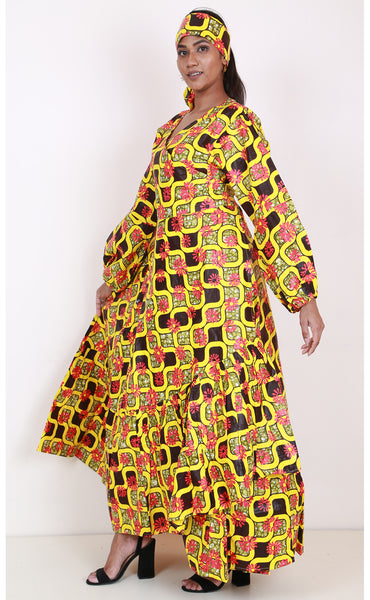 Women's Printed Long Sleeve Maxi Wrap Dress with Scarf - FI-P6203