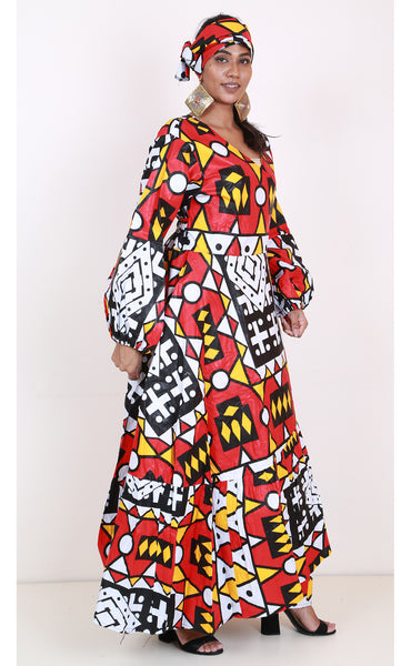 Women's Printed Long Sleeve Maxi Wrap Dress with Scarf - FI-P6203