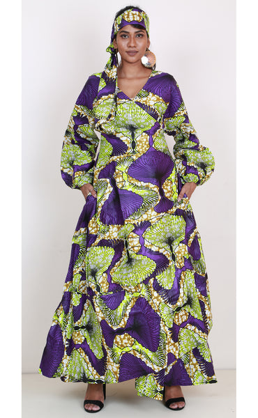 Women's Printed Long Sleeve Maxi Wrap Dress with Scarf - FI-P6203