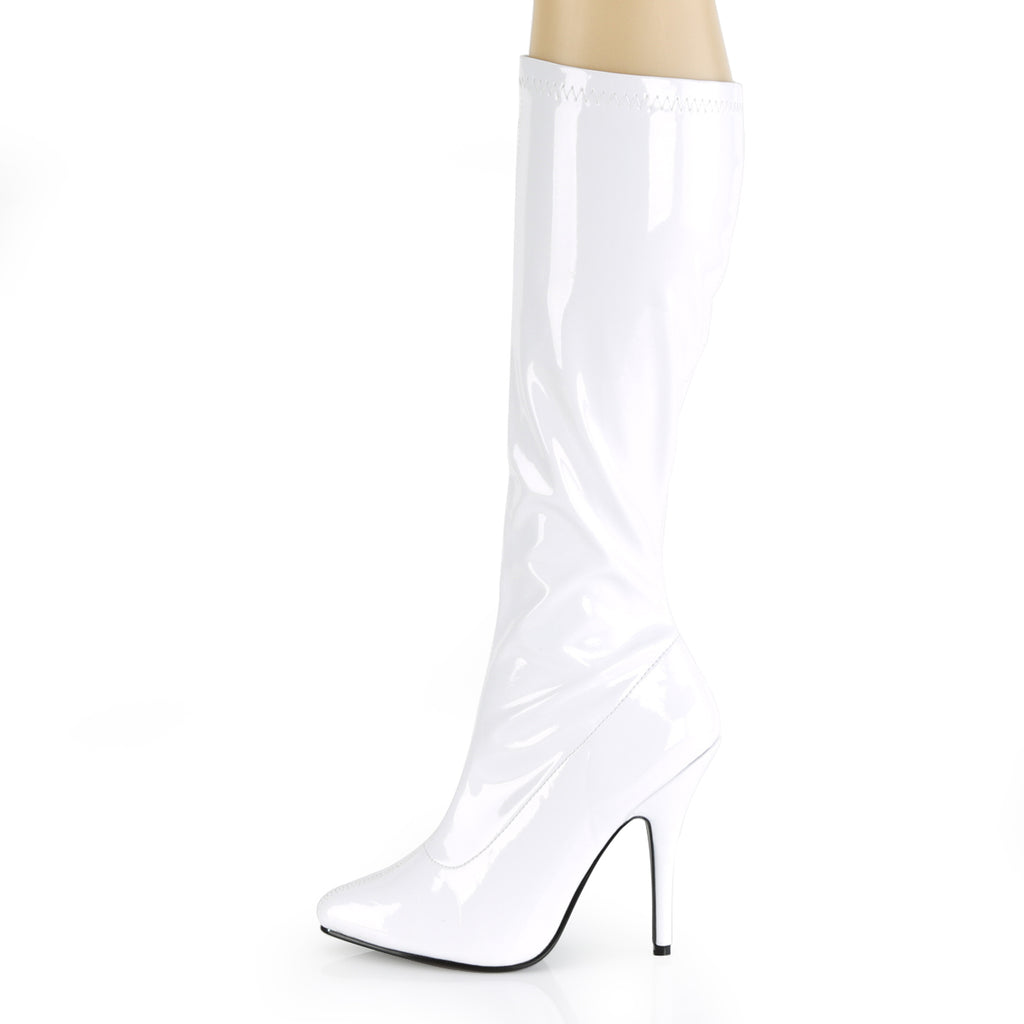 Pleaser SEDUCE-2000 White Stretch Patent Knee High Boots – Shoecup.com