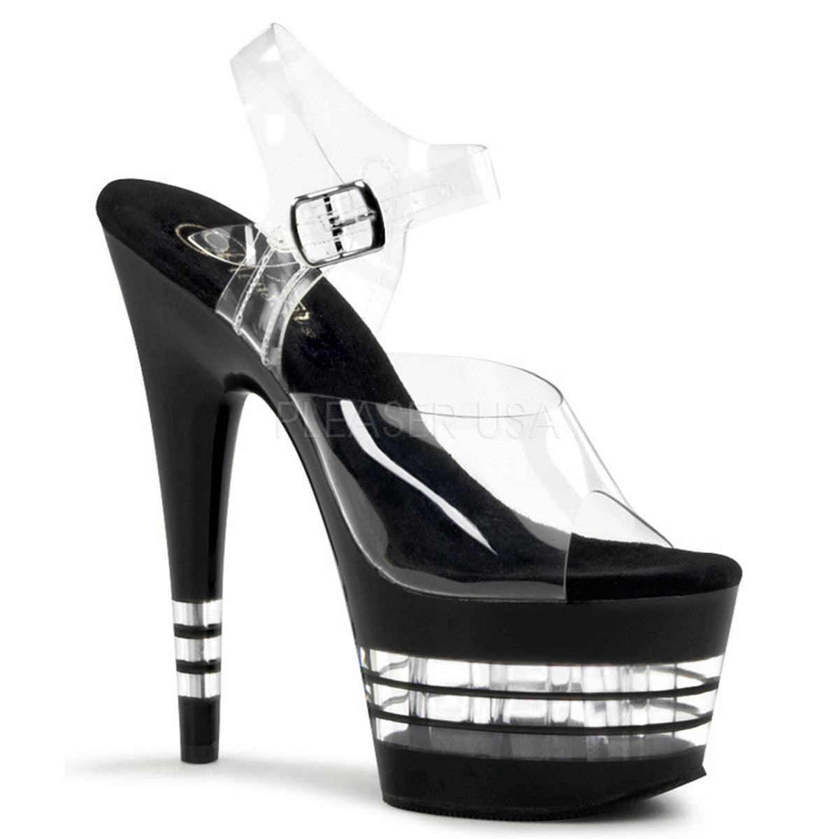 7 Inch Heel PLEASER ADORE-708LN Clear-Black Ankle Strap Sandals#N ...