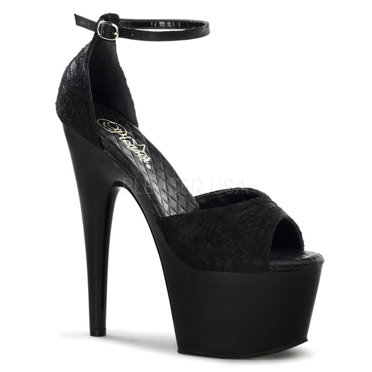 Pleaser Adore 768 Black Satin Black Lace Black Ankle Strap Sandals