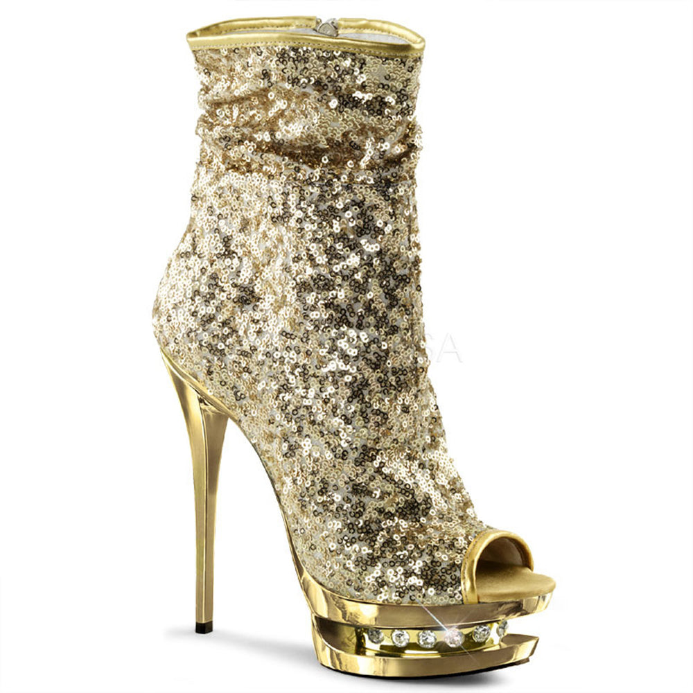 PLEASER BLONDIE-R-1008 Gold Sequins-Gold Chrome Ankle Boots | Shoecup.com