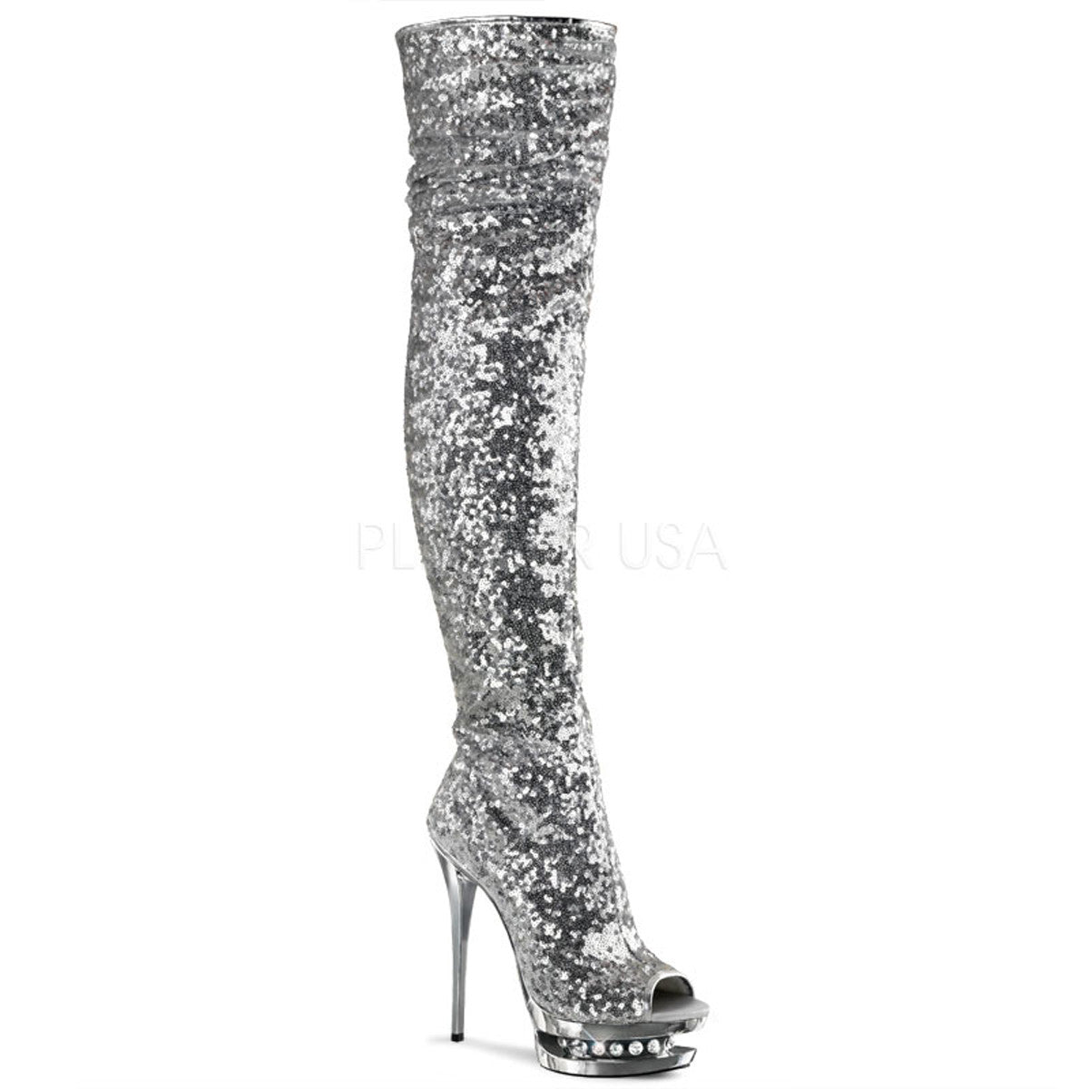 PLEASER BLONDIE-R-3011 Silver Sequins-Silver Chrome Knee High Boots ...