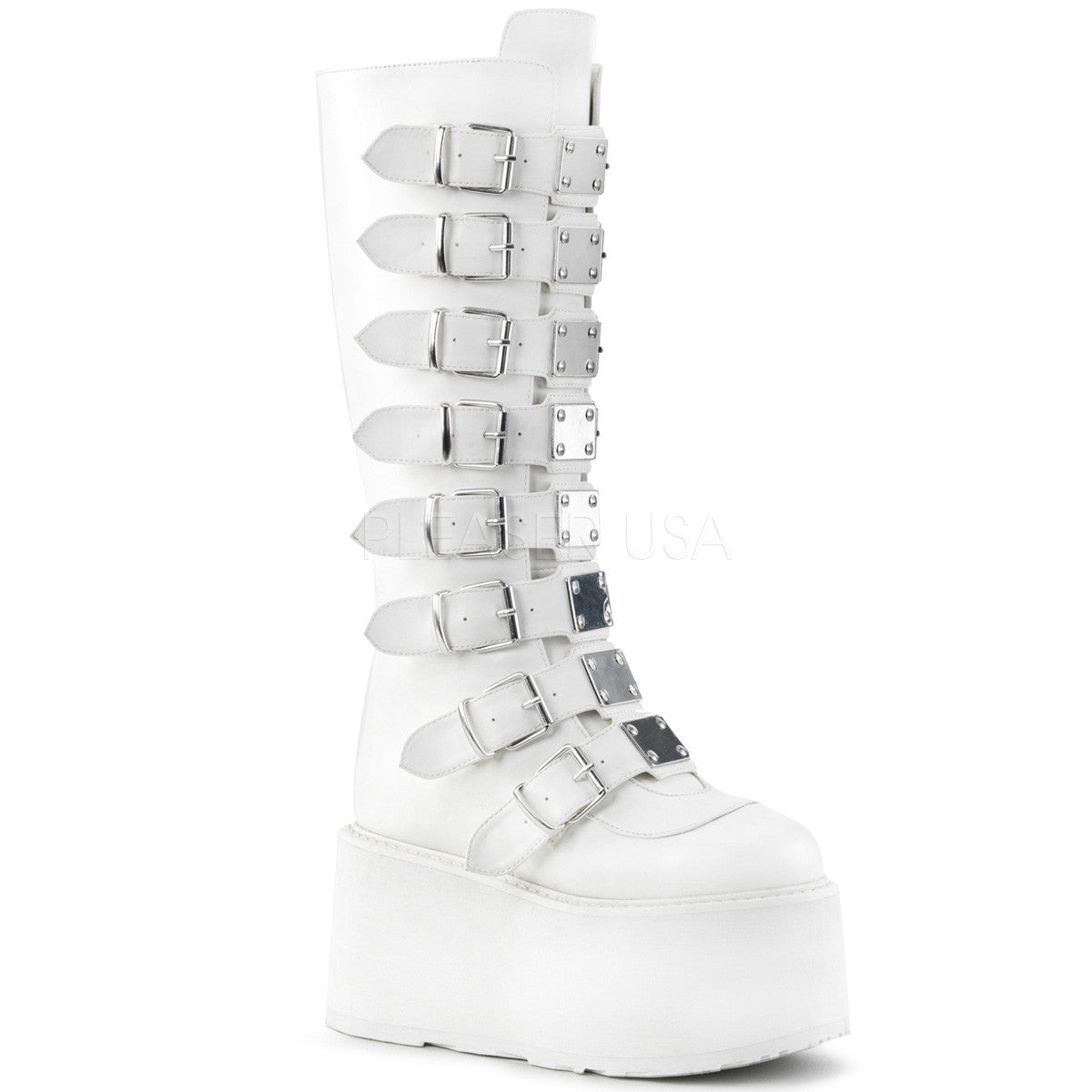 White Buckled Goth Knee Boot With Chrome Hardware | Demonia DAMNED-318 ...