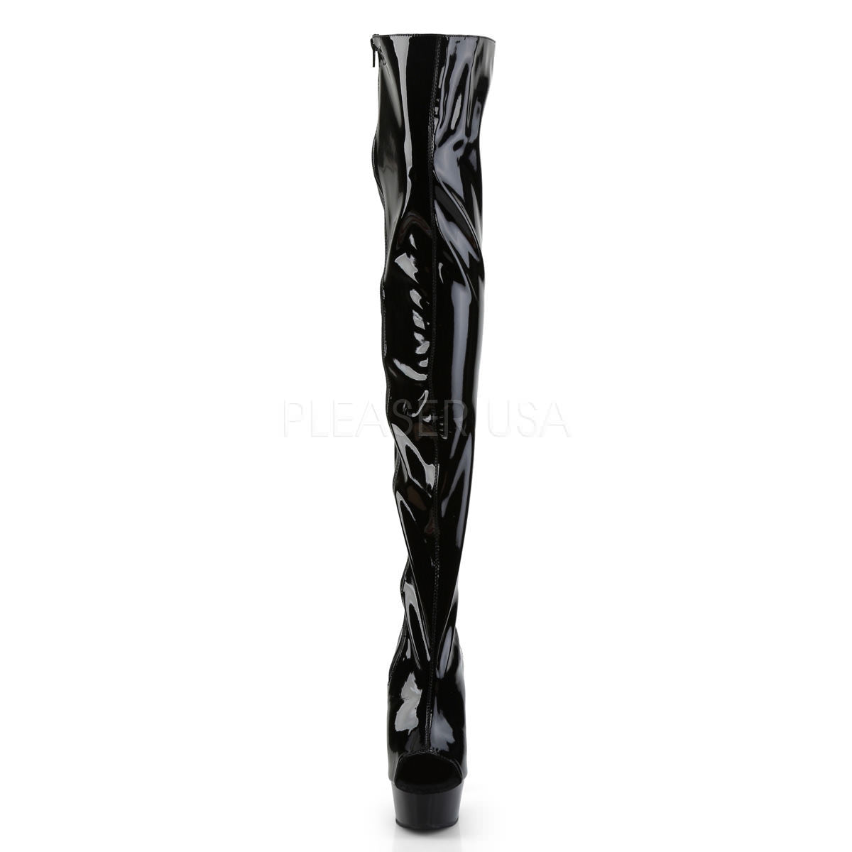 PLEASER DELIGHT-3017 Black Stretch Pat-Black Thigh High Boots – Shoecup.com