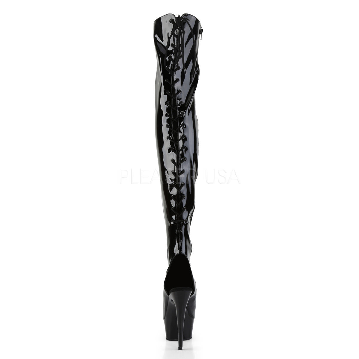 PLEASER DELIGHT-3017 Black Stretch Pat-Black Thigh High Boots – Shoecup.com