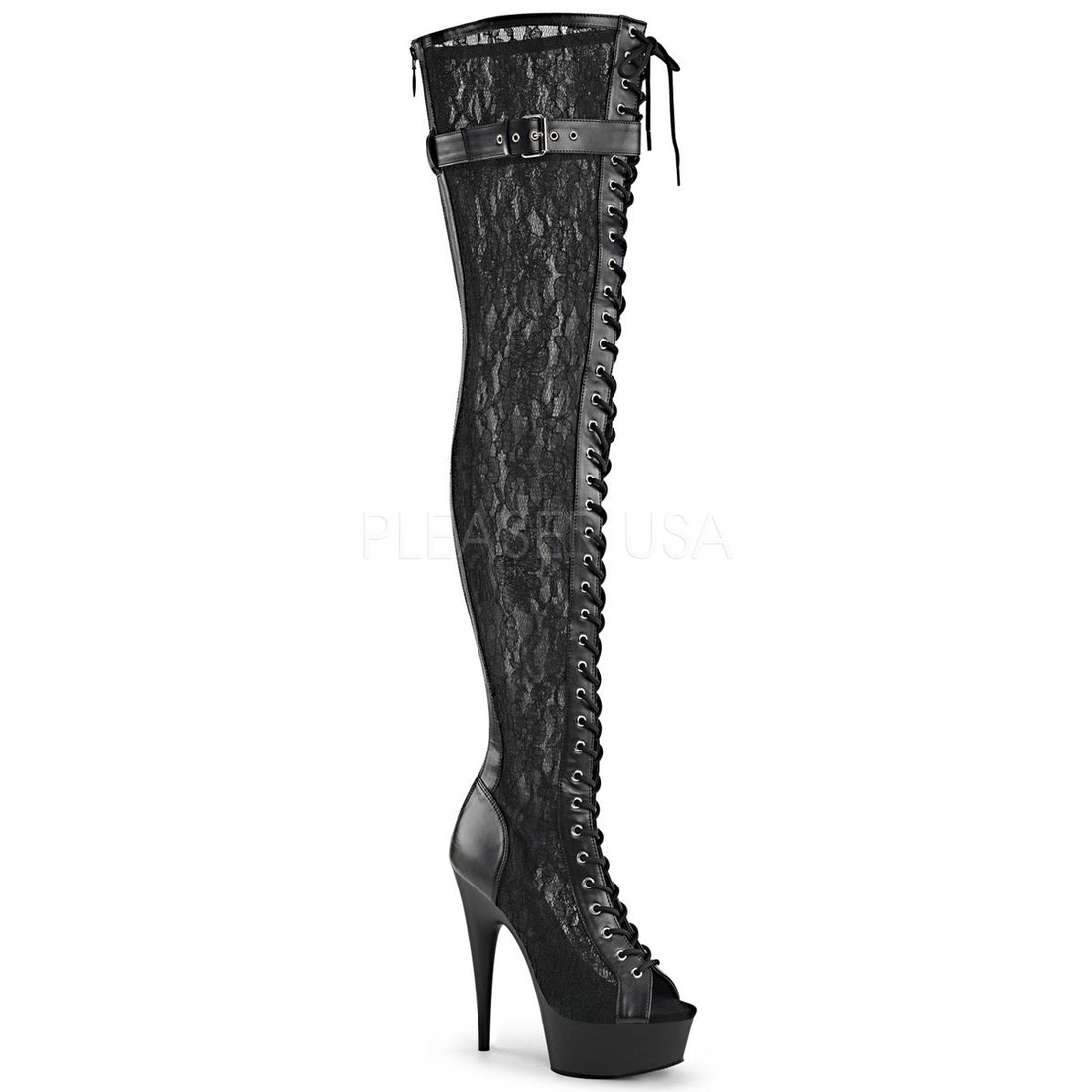 Pleaser DELIGHT-3025ML Black Pu-Mesh-Lace Open Toe Thigh Boots ...