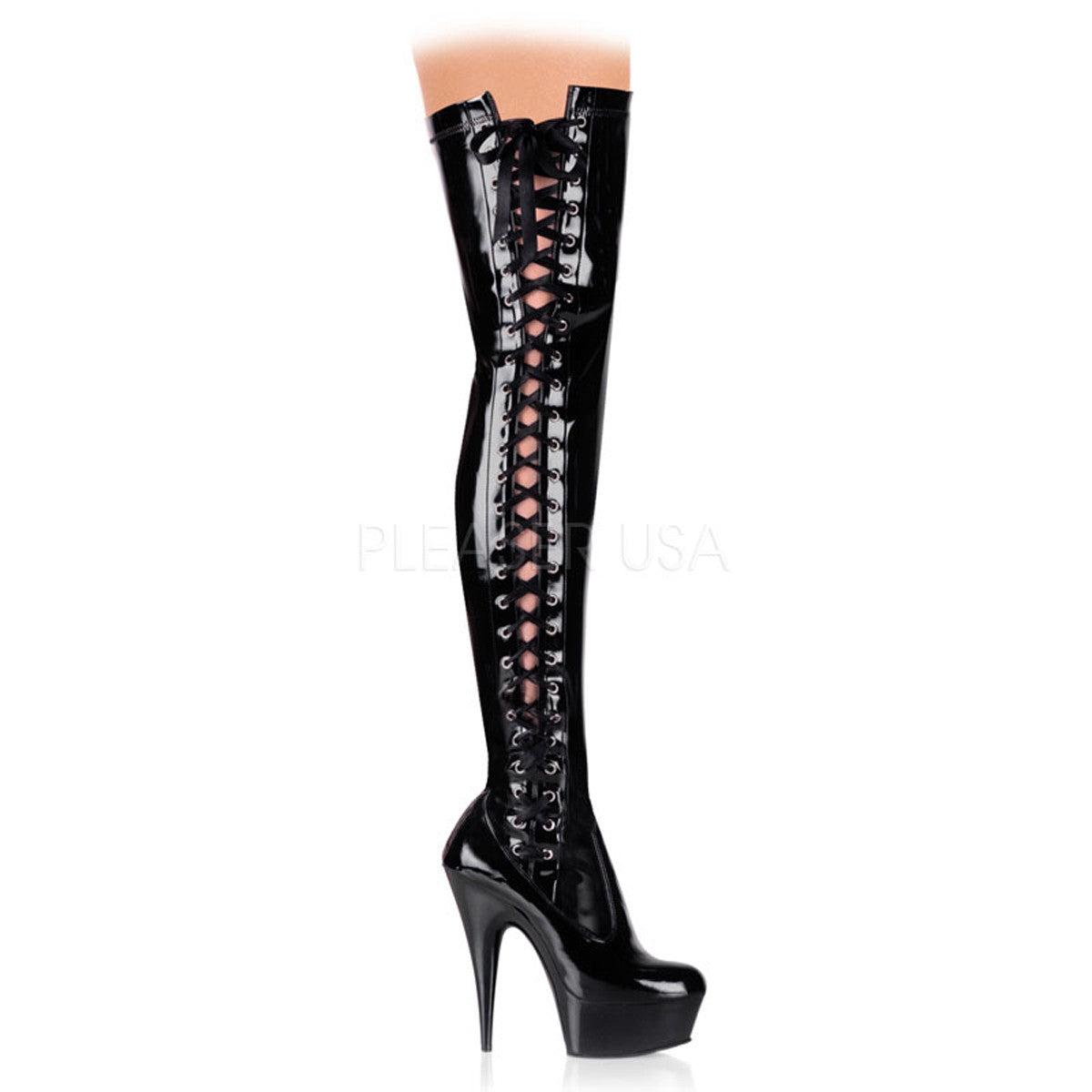 Pleaser Delight 3050 Black Stretch Pat Black Thigh High Boots –