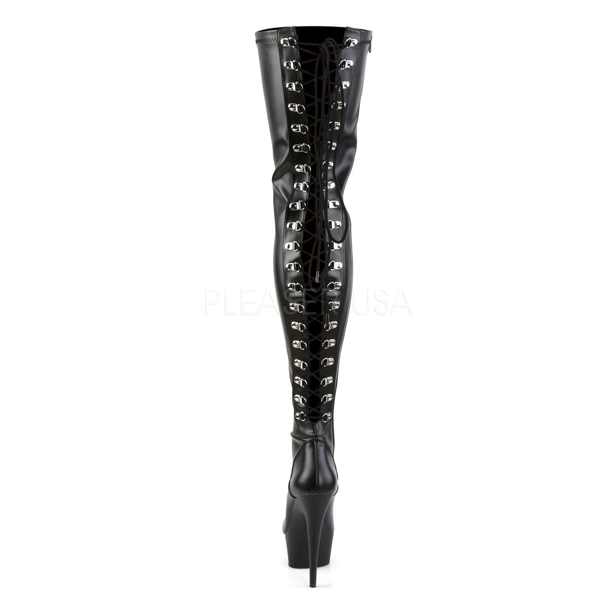 PLEASER DELIGHT-3063 Black Stretch Pu-Black Thigh High Boots | Shoecup.com