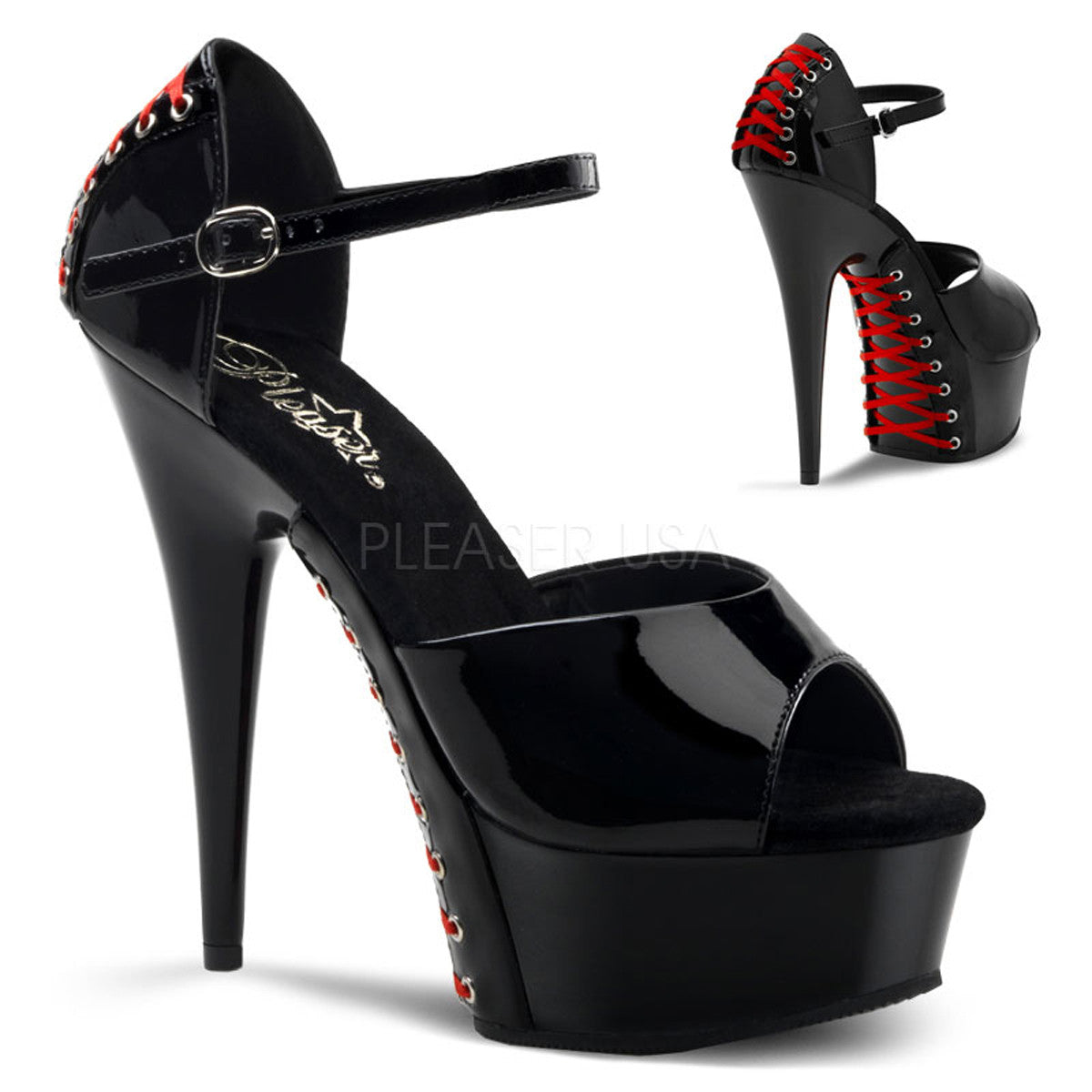 PLEASER DELIGHT-660FH Black Pat (Red Lace) Platform Sandals | Shoecup.com