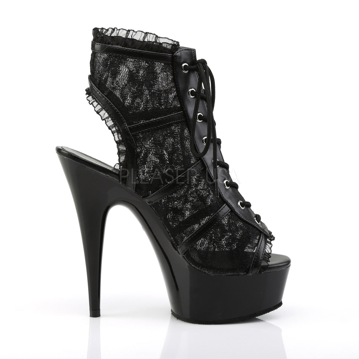 PLEASER DELIGHT-696LC Black Mesh-Lace-Black Open Toe Boots | Shoecup.com
