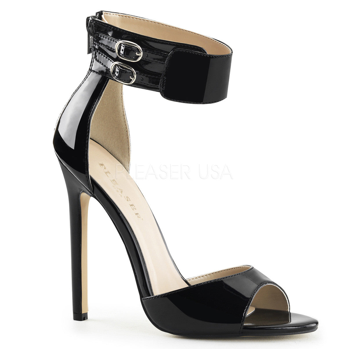 black patent back strap sandals