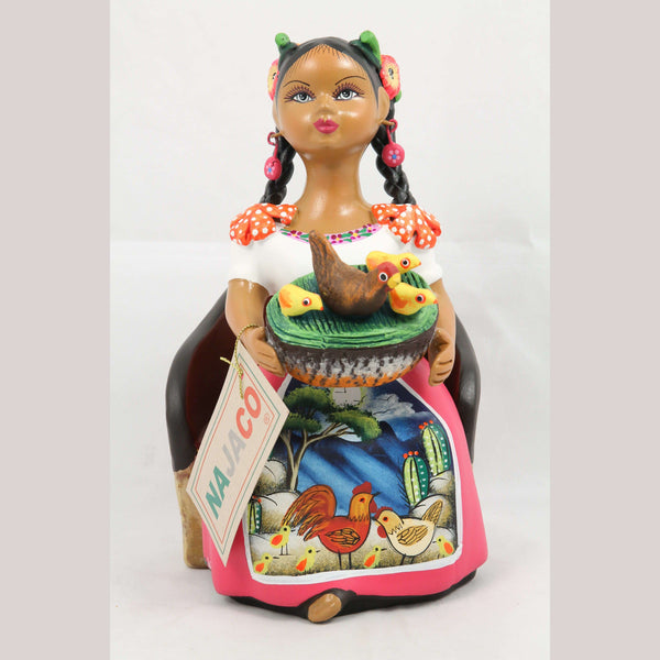 Lupita Najaco Ceramic Doll Figurine Sitting Basket of Chicken/Chicks Fuchsia