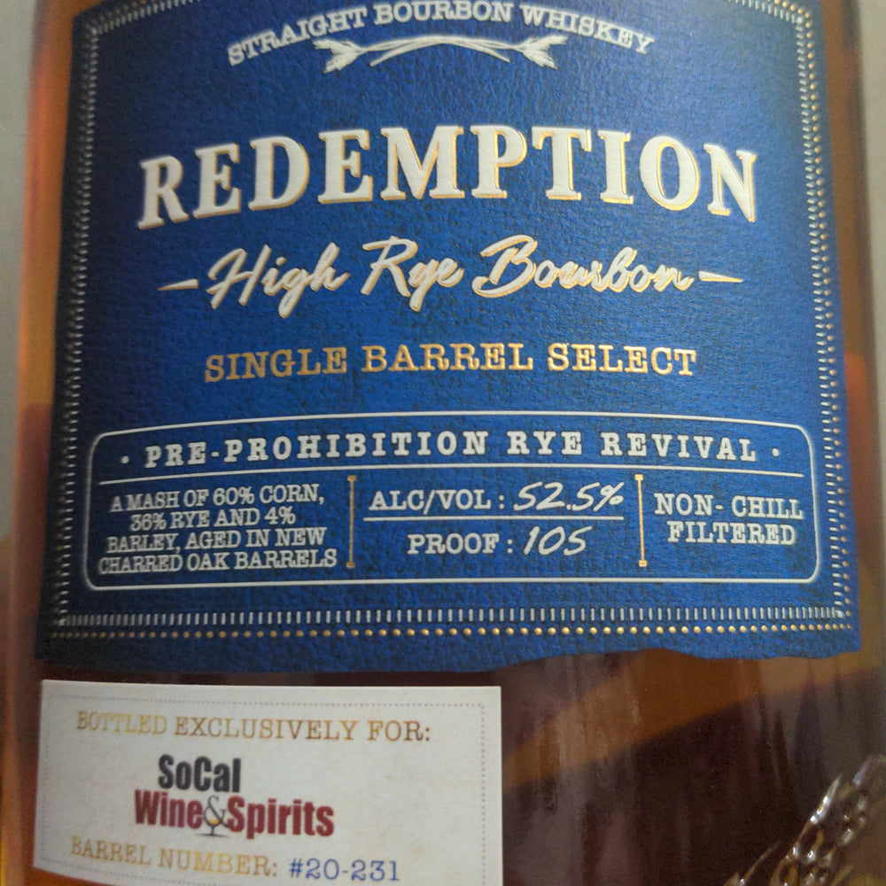 Redemption High Rye Store Pick 105 Proof Socal Wine Spirits