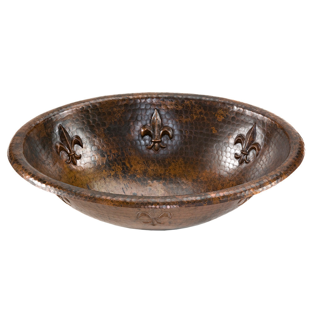 Lo19rfldb Oval Fleur De Lis Self Rimming Hammered Copper Sink