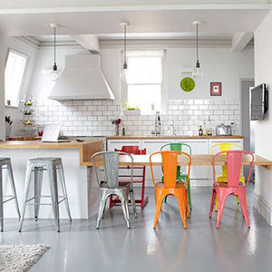 tolix dining chair and barstools in kitchen