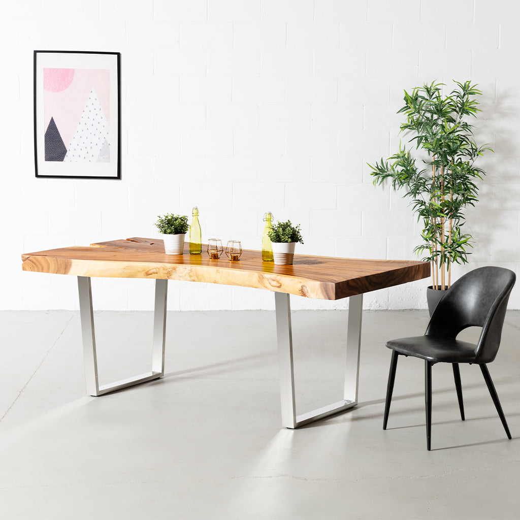 Live Edge Suar Table with Chrome U Shaped Legs/Natural Finish - Wazo Furniture product image