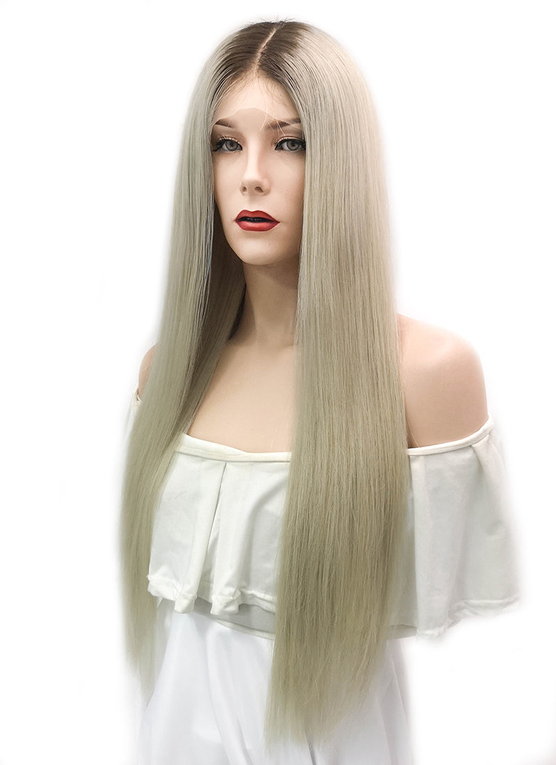 26 Long Straight Ash Blonde With Dark Roots Lace Front Virgin