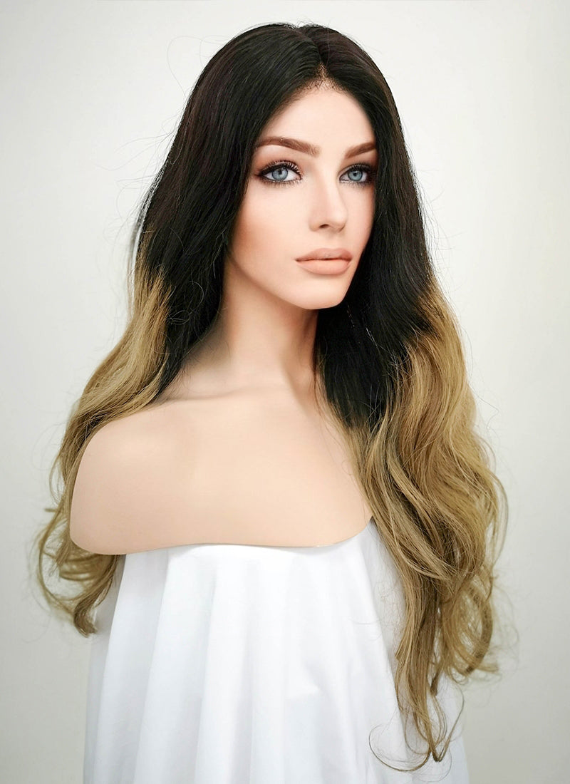 24 Long Wavy Black Blonde Ombre Lace Front Remy Natural Hair Wig