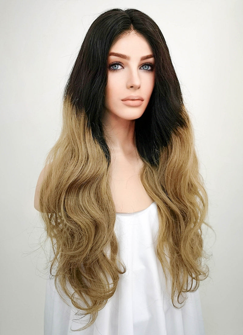 24 Long Wavy Black Blonde Ombre Lace Front Remy Natural Hair Wig