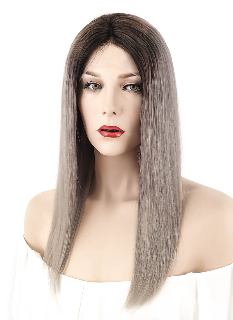 18 Long Straight Blonde Grey With Brown Roots Lace Front Remy