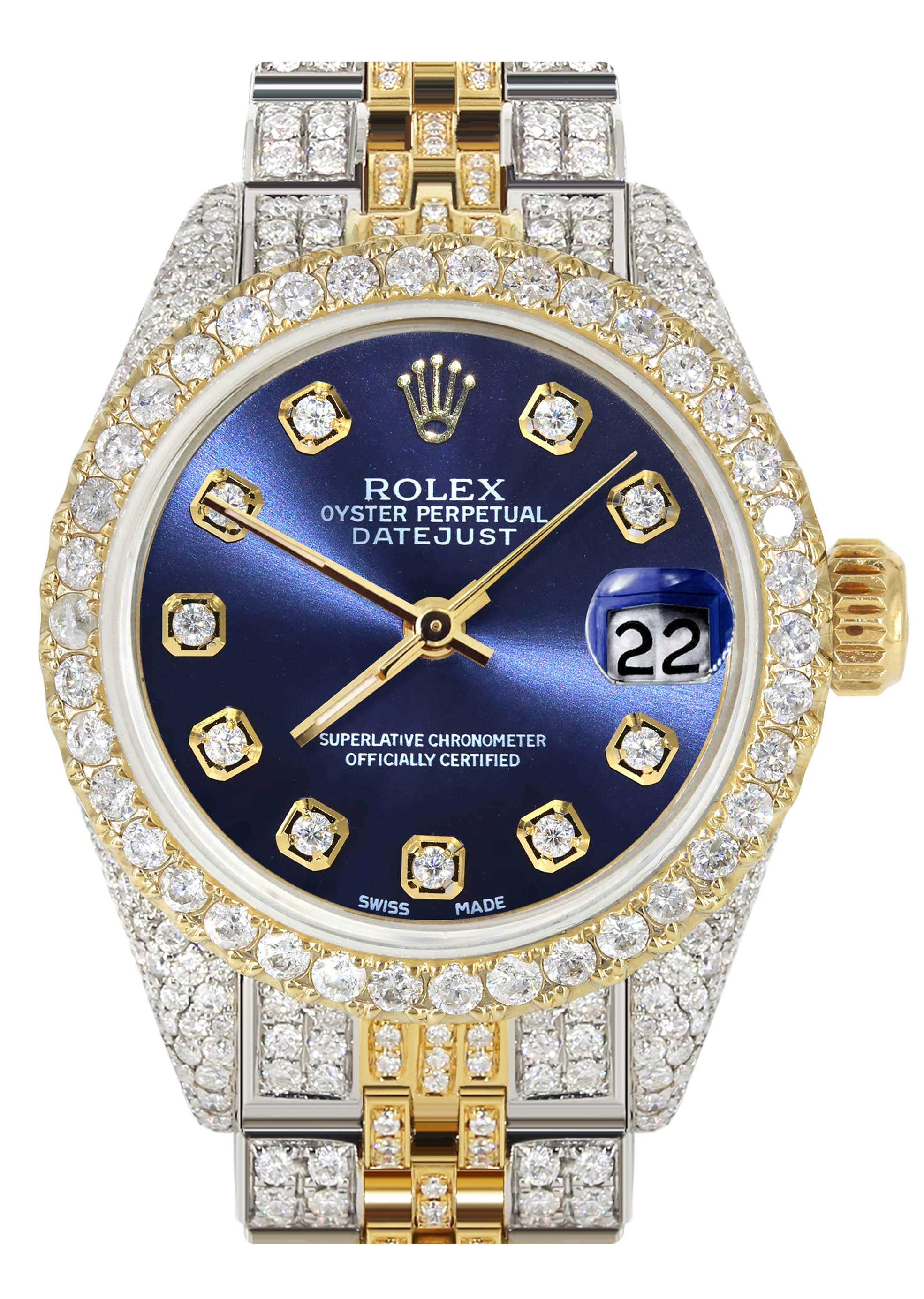 Womens Diamond Gold Rolex Watch | 26Mm | Blue Dial | Jubilee Band ...