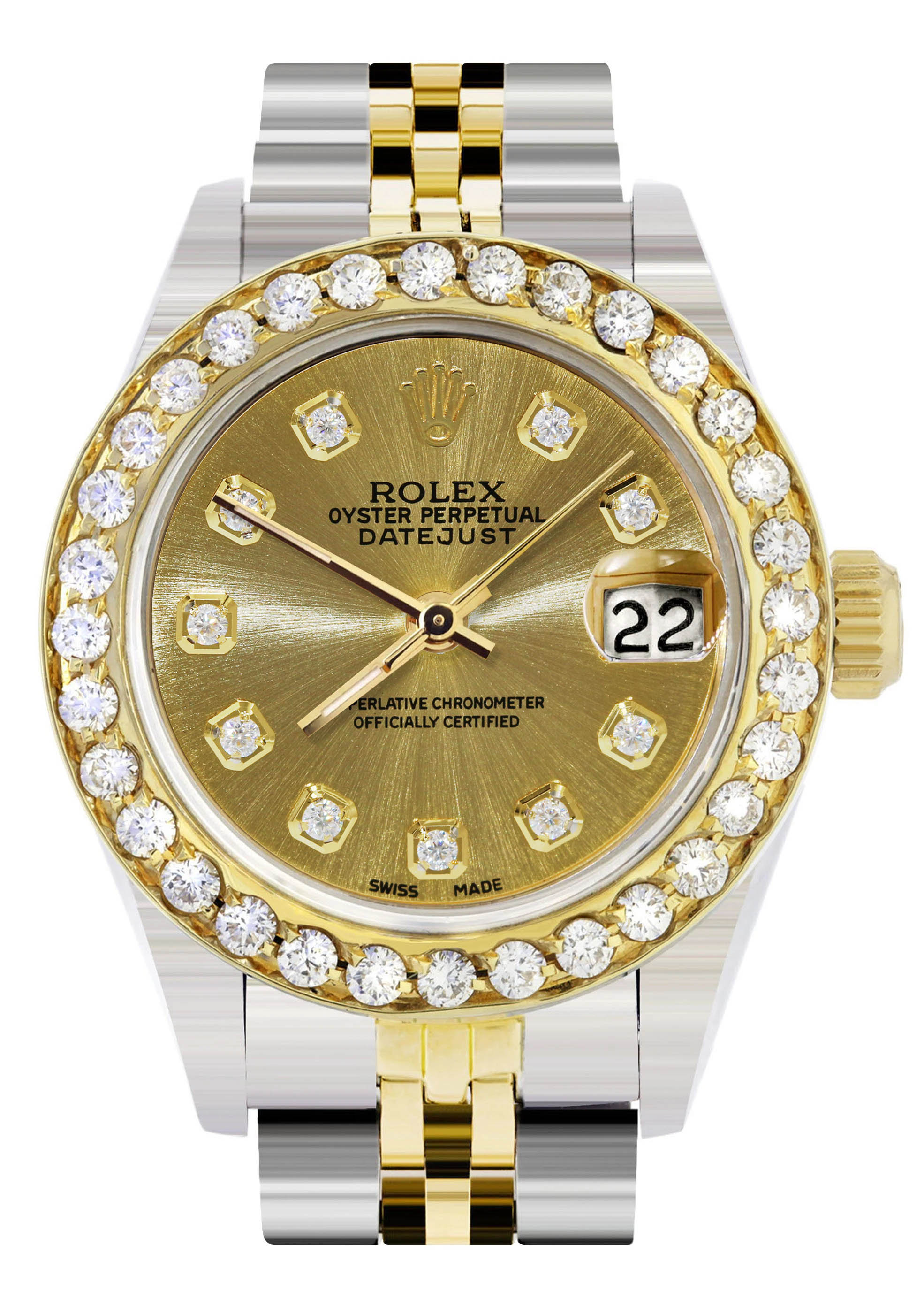 Womens Diamond Gold Rolex Watch 1 Carat Bezel 26Mm Gold Diamond