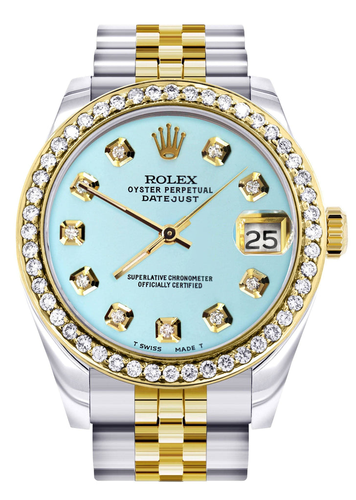Diamond Gold Rolex Watch | Diamond Bezel | 31MM | Baby Blue Diamond Di ...