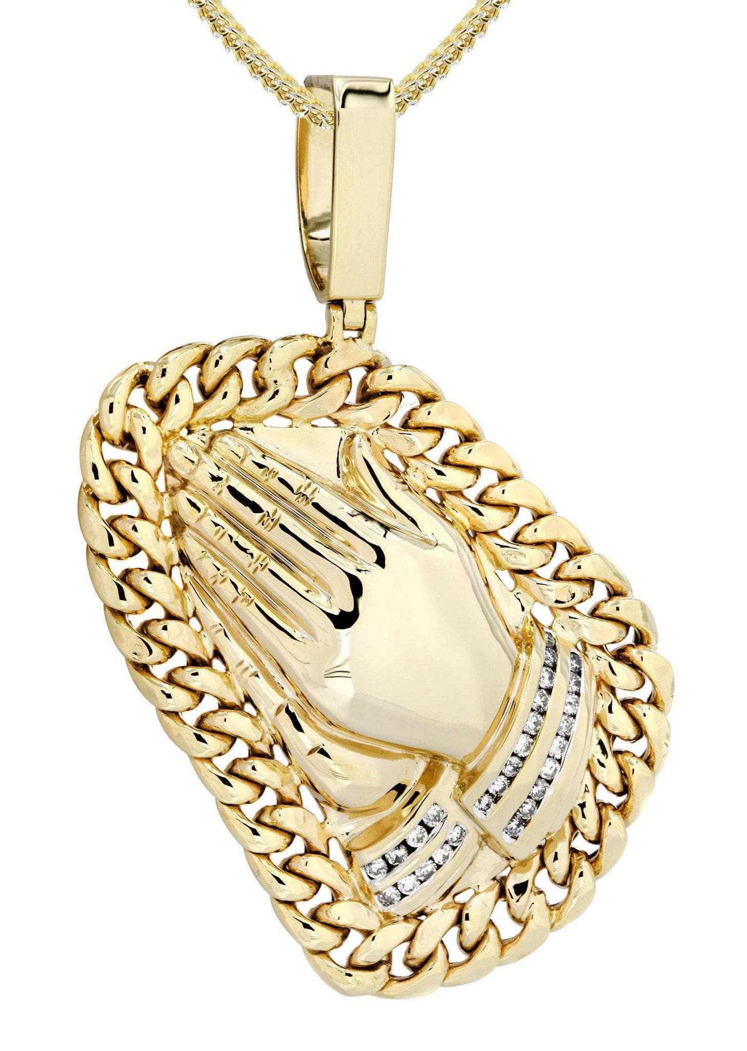 14 Yellow Gold Praying Hands Diamond Pendant & Cuban Chain | 0.63 Cara - FrostNYC