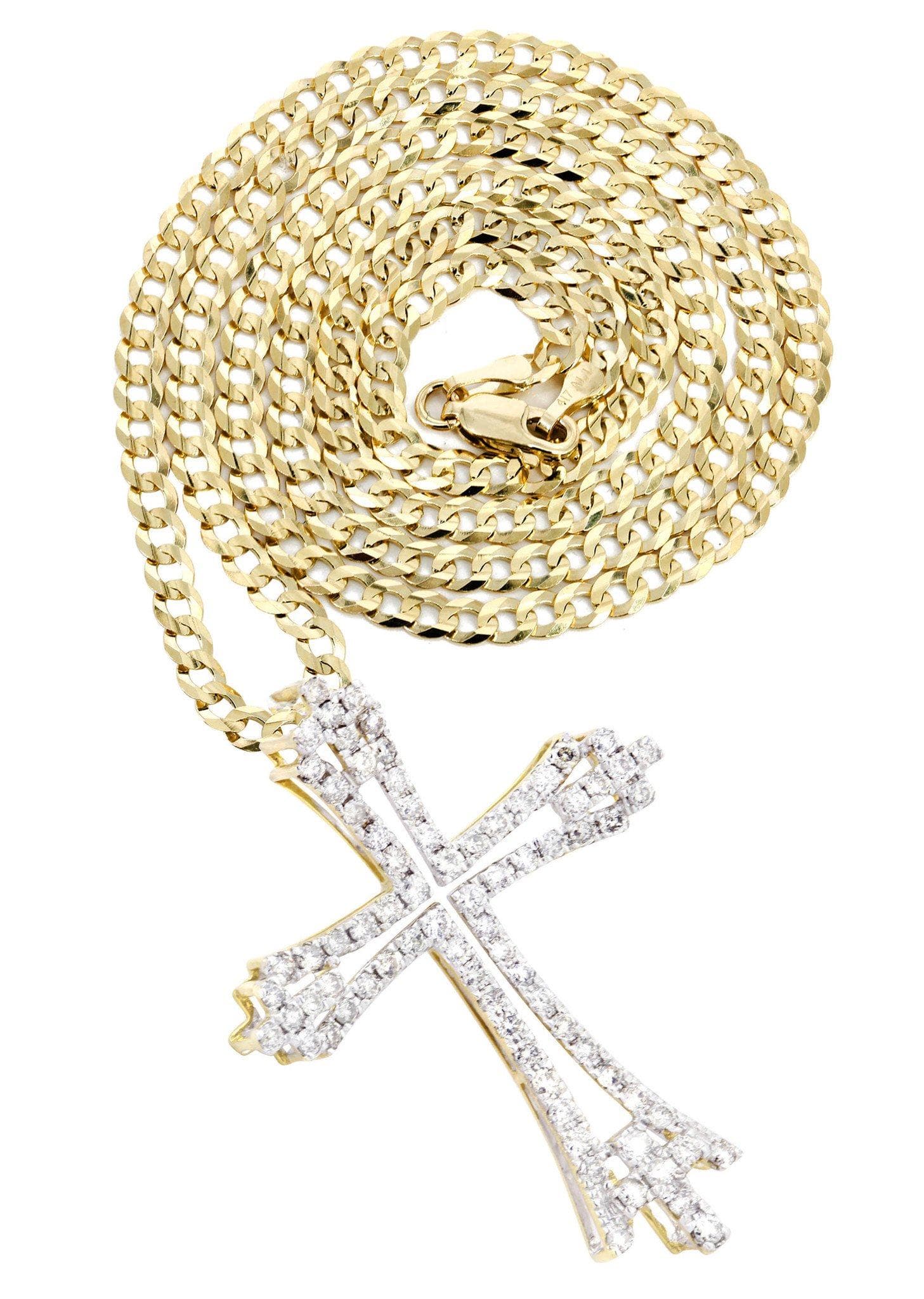 14K Yellow Gold Cross Diamond Pendant & Cuban Chain | 1.06 Carats ...